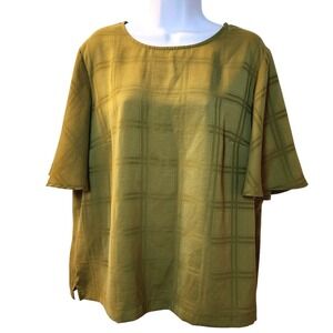 A New Day XL Olive Green Tonal Plaid Short Sleeve‎ Blouse Keyhole Back Top